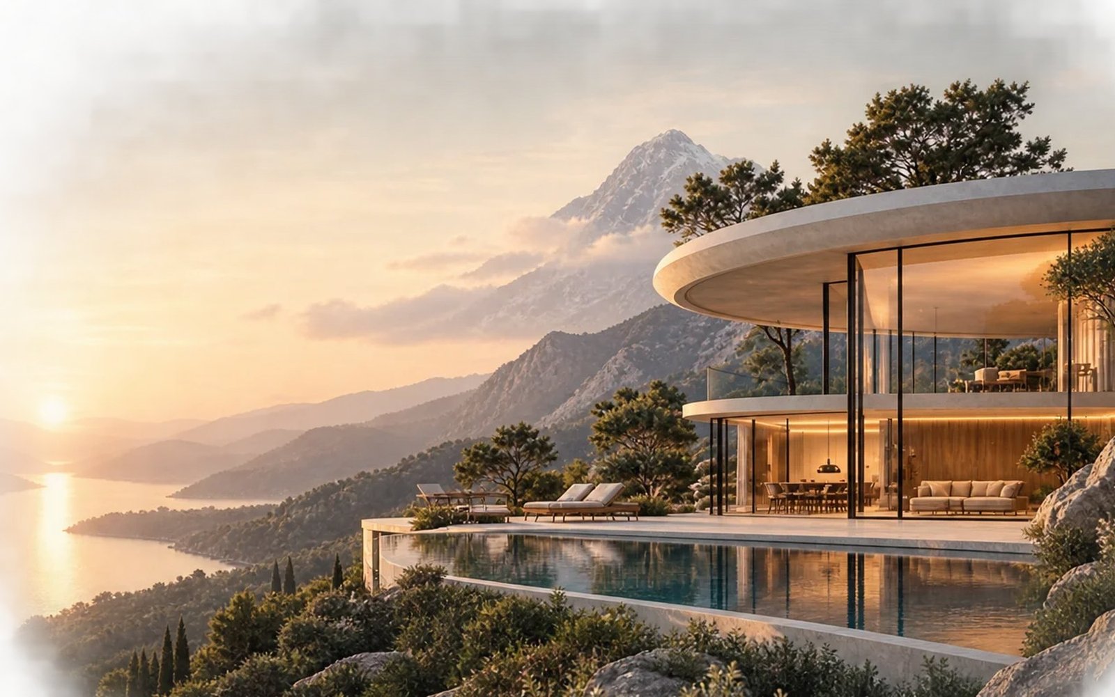 A modern glass villa with an infinity pool overlooking the sea and mountains at sunset