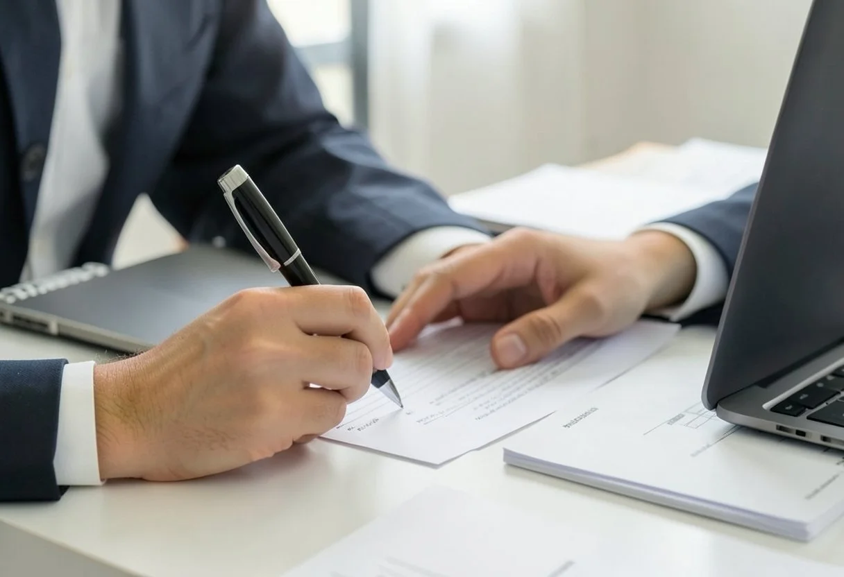 Hands signing loan documents beside a laptop