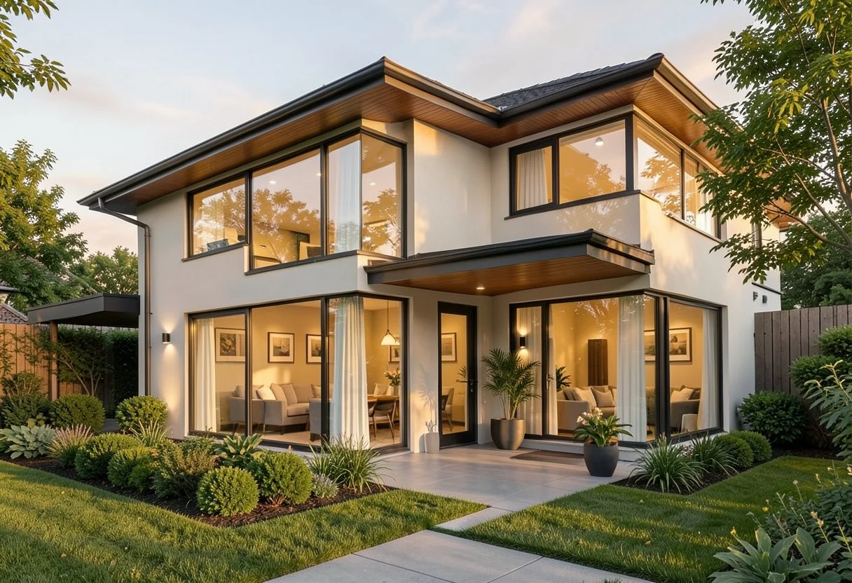 Modern two-storey home with large glass windows at dusk