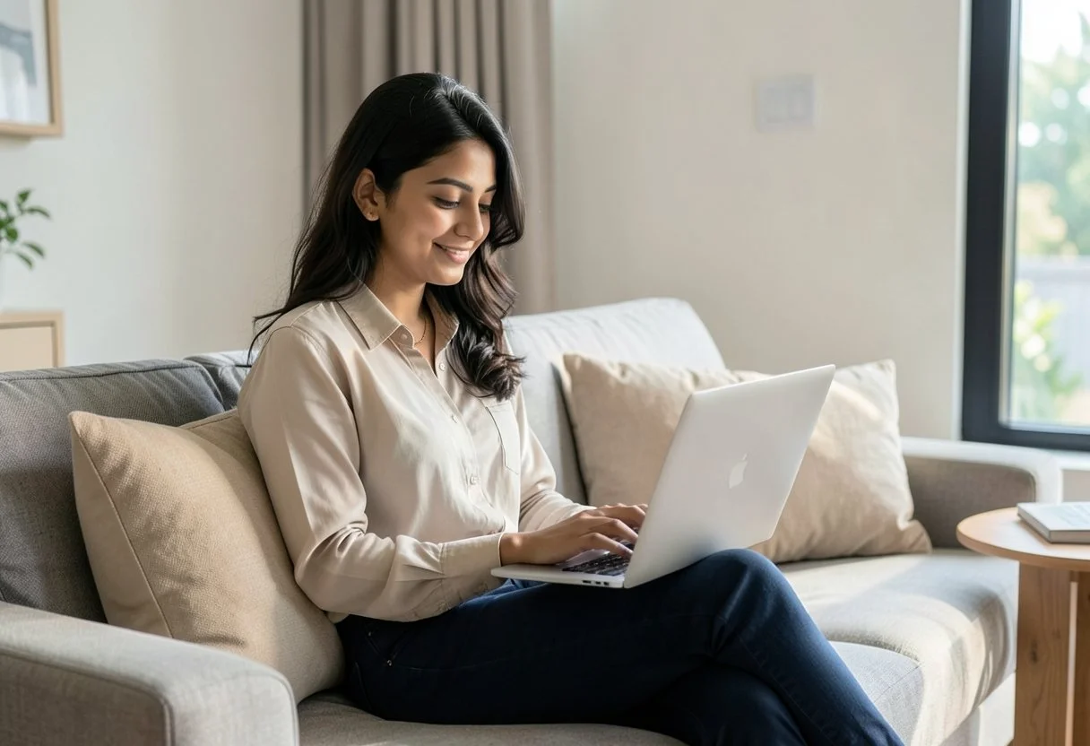 Smiling woman working on a laptop on a sofa at home