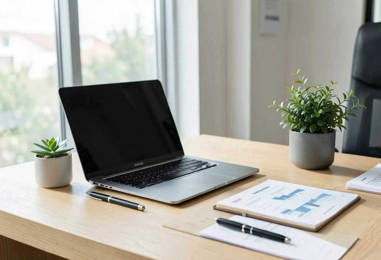 Laptop, notebook and charts on a bright office desk