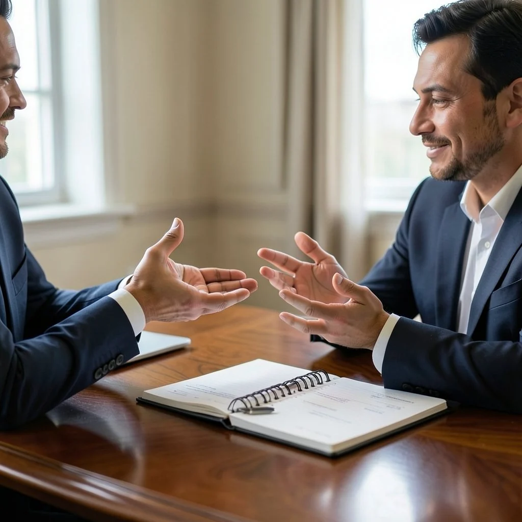 Two advisors discussing terms across a desk