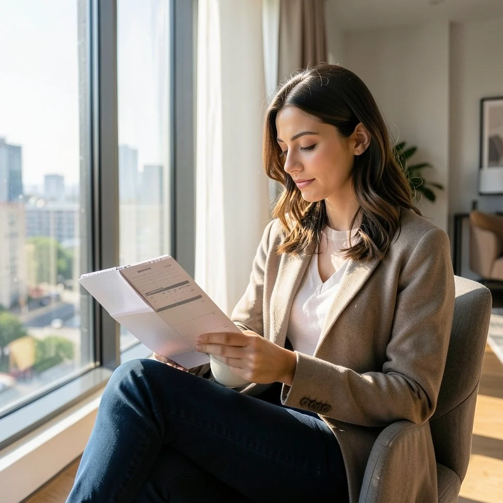 Woman reviewing loan paperwork by a window