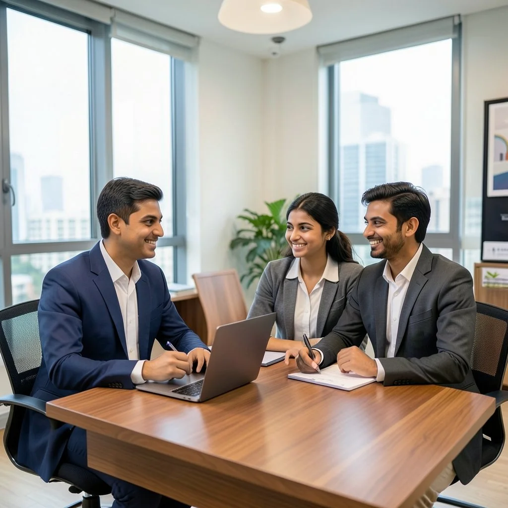Three advisors discussing a loan at a meeting table