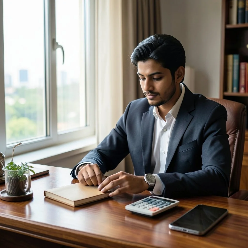 Man at a desk with a calculator reviewing figures