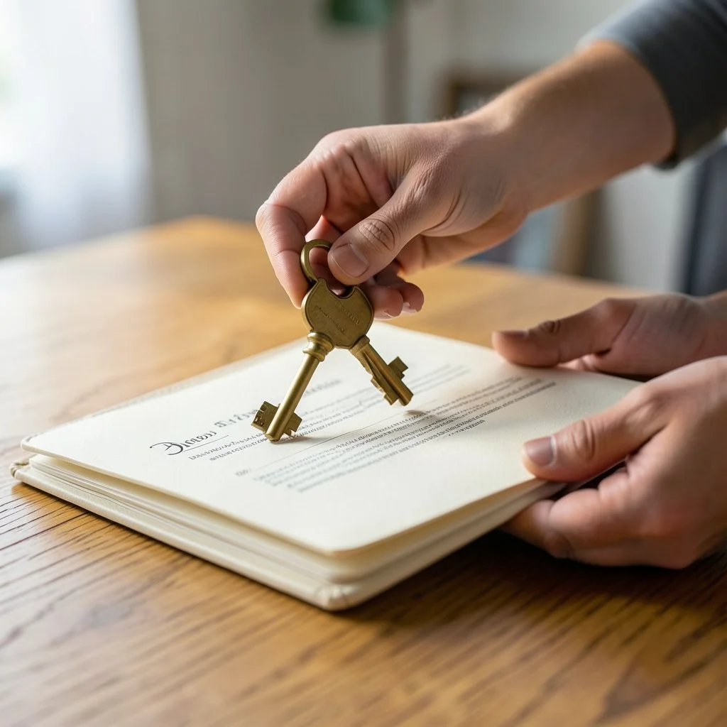 Hands passing keys over a signed document
